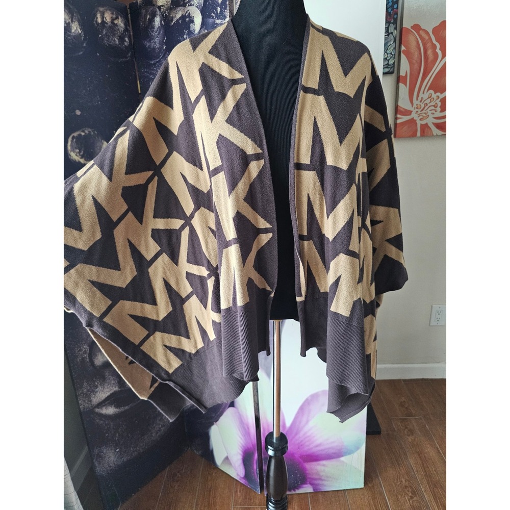 Michael Kors Brown Tan MK Logo Monogram Open Front Kimono Cardigan L/XL